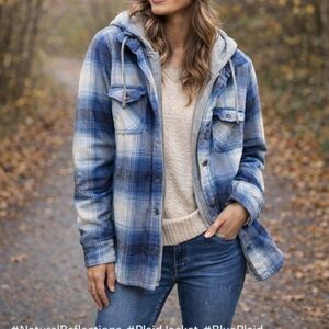 Natural Reflections Blue Plaid Hooded Sherpa Lined Jacket Cotton Viscose Blend